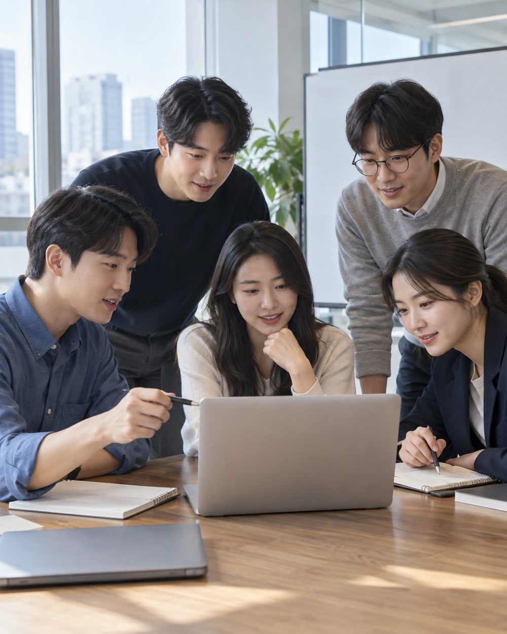 회의 테이블에서 노트북 화면을 함께 보며 의견을 나누는 팀