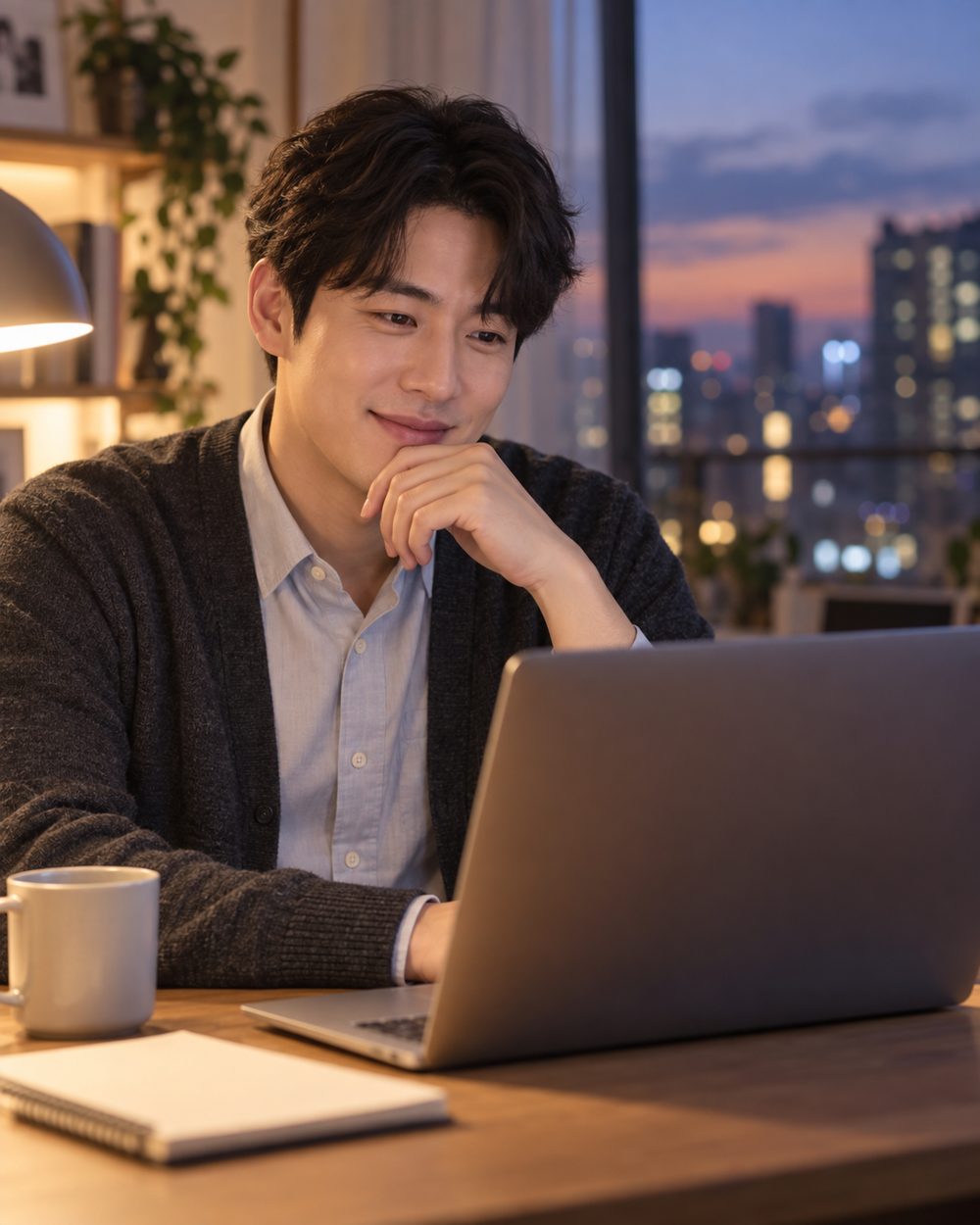퇴근 후 저녁, 노트북 화면을 보며 미소 짓는 직장인